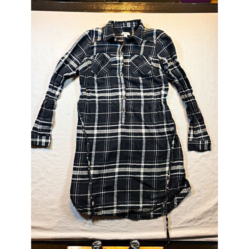 Merona Black/Gray/White Plaid Shirt Dress Collared Button Front Pockets S